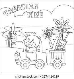 Vector cartoon illustration of holiday time with funny surfer on a little car, Cartoon isolated vector illustration, Creative vector Childish design for kids activity colouring book or page.