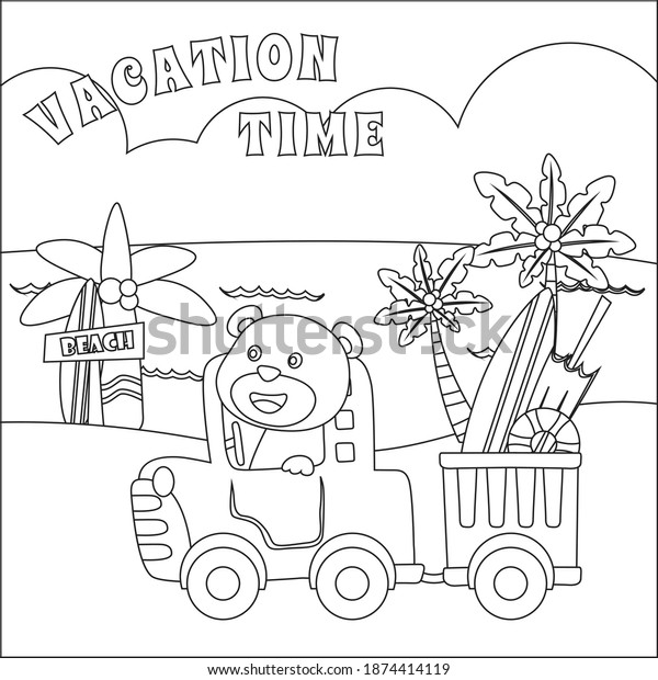Vector\
cartoon illustration of holiday time with funny surfer on a little\
car, Cartoon isolated vector illustration, Creative vector Childish\
design for kids activity colouring book or\
page.