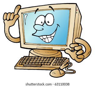 Vector Cartoon illustration of a  Home Computer pointing to the sky