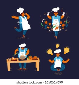 Vector cartoon illustration of home and small restaurant male man cook concepts. Creating Ideas for Cooking, conducting cook process, chef man showing sign for delicious, with taste approval gesture.