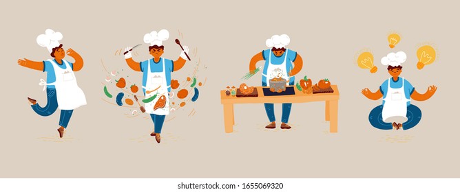 Vector cartoon illustration of home and small restaurant male man cook concepts. Creating Ideas for Cooking, conducting cook process, chef man showing sign for delicious, with taste approval gesture.