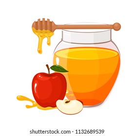 Vector cartoon illustration of honey in glass jar, wooden dipper and apple. Honey dripping from wooden dipper. Traditional celebration food for Rosh Hashanah, Jewish New Year.