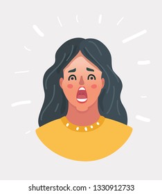 Vector cartoon illustration of Horrible, stress, shock, cry. Female portrait isolated. Young emotional surprised woman. Human emotions, facial expression concept. Face on white background.