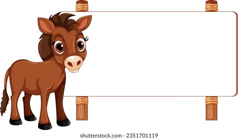 Dibujo vectorial de un caballo parado frente a un cartel