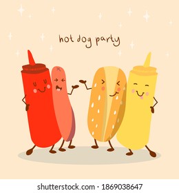 Vector cartoon illustration of a hot dog: sausage, sesame bun, ketchup and mustard.