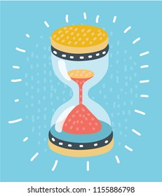 Vector cartoon illustration of hourglass. Hand drawn bright image on blue backround.