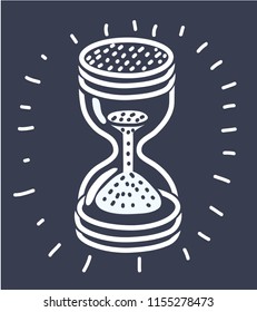 Vector cartoon illustration of Hourglass outline hand drawn icon on dark background in black and white colour.