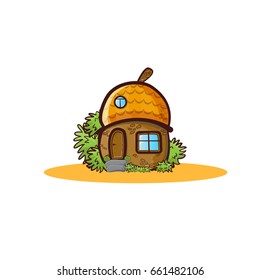 Vector cartoon illustration of house isolated on white background. Kawaii fairy, gnome cabin looks like acorn, with window, door and stone porch steps, tiled roof, brick wall. Home with greens, plants