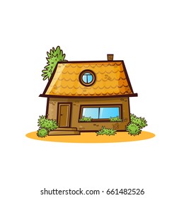 Vector cartoon illustration of house isolated on white background. Kawaii lodge with windows, door and porch steps, tiled roof, brick wall. Home with greens, plants, trees, moss, bush