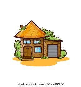 Vector cartoon illustration of house isolated on white background. Kawaii cottages with windows, door, garage, tiled roof, brick wall. Home with greens, plants, trees, moss, bush