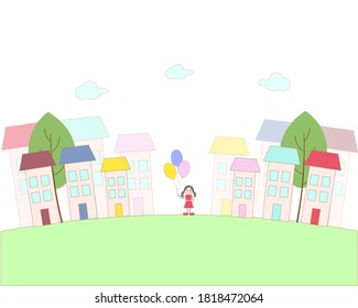 Vector cartoon illustration with houses and a girl. Use as a cover for books, notebooks, as a background.