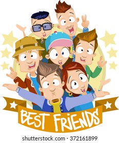 Vector cartoon illustration of hugging best friends. Characters wearing sportswear, enjoying hipster lifestyle, having great hairstyles. Characters are on the yellow circle background