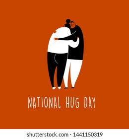 Vector cartoon illustration of hugging couple. National hug day. Red background.