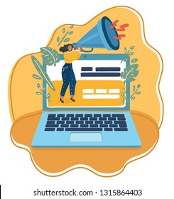 Vector cartoon illustration of human female character, standing with big megaphone on laptop screen.