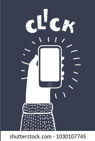 Vector cartoon illustration of human hand palm holding phone outline white object on black black background. Five fingers.