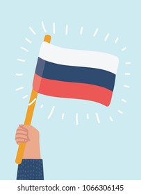 Vector cartoon illustration of Human hand holding flag of Russian country isolated on white background, vector illustration