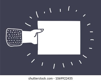 Vector cartoon illustration of human hand holding sticker note. Black and white modern concept on dark background.