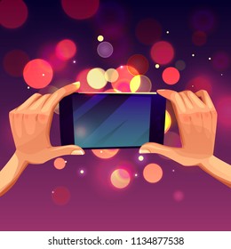 Vector cartoon illustration of human hand holding smartphone. Template, mock up for mobile app or advertisment. Screen of electronic device, smart phone for poster, banner.