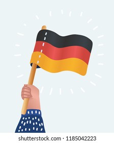 Vector cartoon illustration of human hand holding and raising the national flag of Germany on white background.