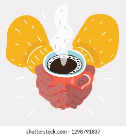 Vector cartoon illustration of human hand holding a warm mug. Concept on white background.
