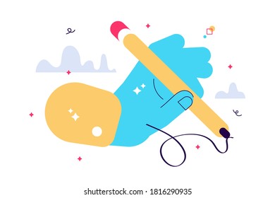 Vector cartoon illustration of Human Hand with pencil on white background.