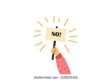 Vector cartoon illustration of human hand holding banner with hand doing no. sign on white background. Vector illustration