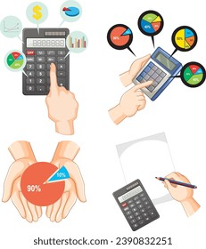 Vector cartoon illustration of a human hand using a calculator