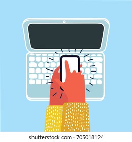 Vector cartoon illustration of human hand holding phone and laptop world news site on the screen in the office. Top view workplace in modern style