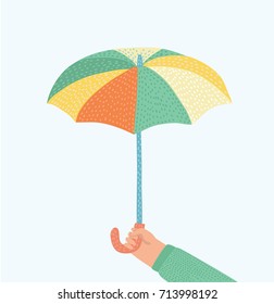 Vector cartoon illustration of human hand holding an umbrella on white background