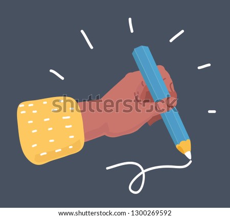 Vector cartoon illustration of human hand holding pencil isolated on dark background.