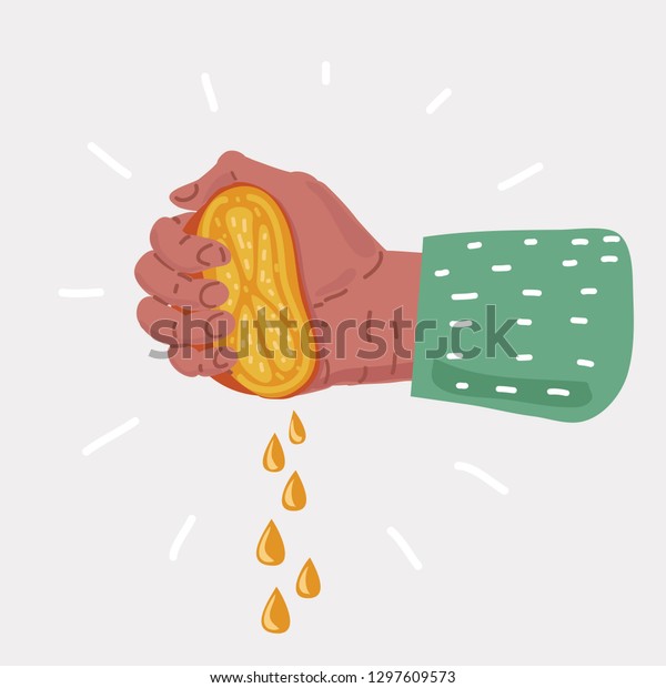 Vector cartoon illustration of Human Hand\
squeezes lemon on white\
background.