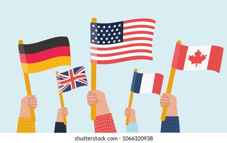 Vector cartoon illustration of Human hands holds Flag of different countries. Crowd in solidarity.