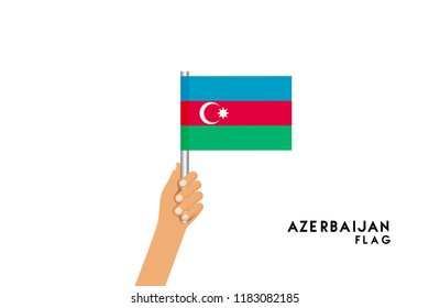 Vector cartoon illustration of human hands hold Azerbaijan  flag. Isolated object on white background.