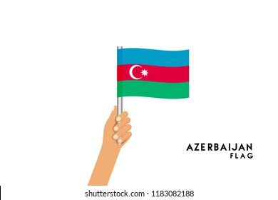 Vector cartoon illustration of human hands hold Azerbaijan  flag. Isolated object on white background.