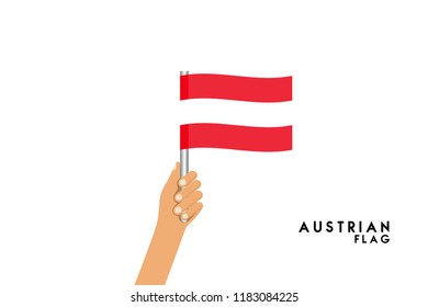 Vector cartoon illustration of human hands hold Austrian flag. Isolated object on white background.