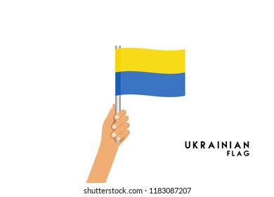 Vector cartoon illustration of human hands hold Ukranian flag. Isolated object on white background.
