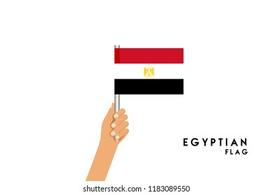 Vector cartoon illustration of human hands hold Egyp flag. Isolated object on white background.