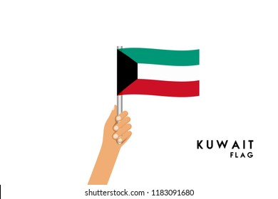 Vector cartoon illustration of human hands hold Kuwait flag. Isolated object on white background.