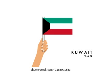 Vector cartoon illustration of human hands hold Kuwait flag. Isolated object on white background.