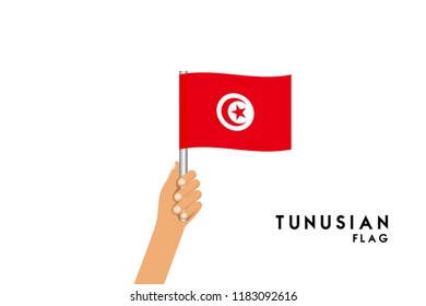 Vector cartoon illustration of human hands hold Tunisia flag. Isolated object on white background.