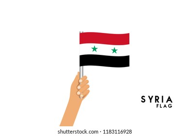 Vector cartoon illustration of human hands hold Syria flag. Isolated object on white background.