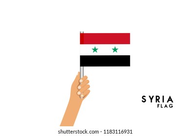 Vector cartoon illustration of human hands hold Syria flag. Isolated object on white background.