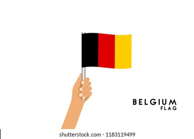 Vector cartoon illustration of human hands hold Belgium flag. Isolated object on white background.