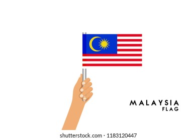 Vector cartoon illustration of human hands hold Malaysia flag. Isolated object on white background.