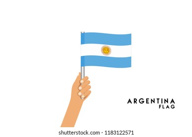 Vector cartoon illustration of human hands hold Argentina flag. Isolated object on white background.