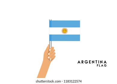 Vector cartoon illustration of human hands hold Argentina flag. Isolated object on white background.
