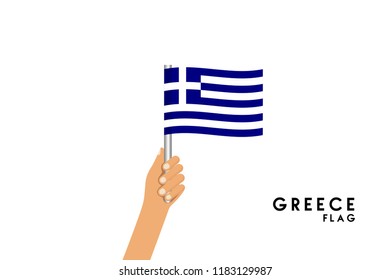 Vector cartoon illustration of human hands hold Greece flag. Isolated object on white background.