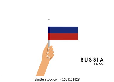 Vector cartoon illustration of human hands hold Russian flag. Isolated object on white background.
