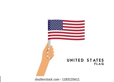Vector cartoon illustration of human hands hold United States flag. Isolated object on white background.