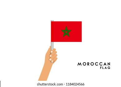 Vector cartoon illustration of human hands hold Morocco flag. Isolated object on white background.